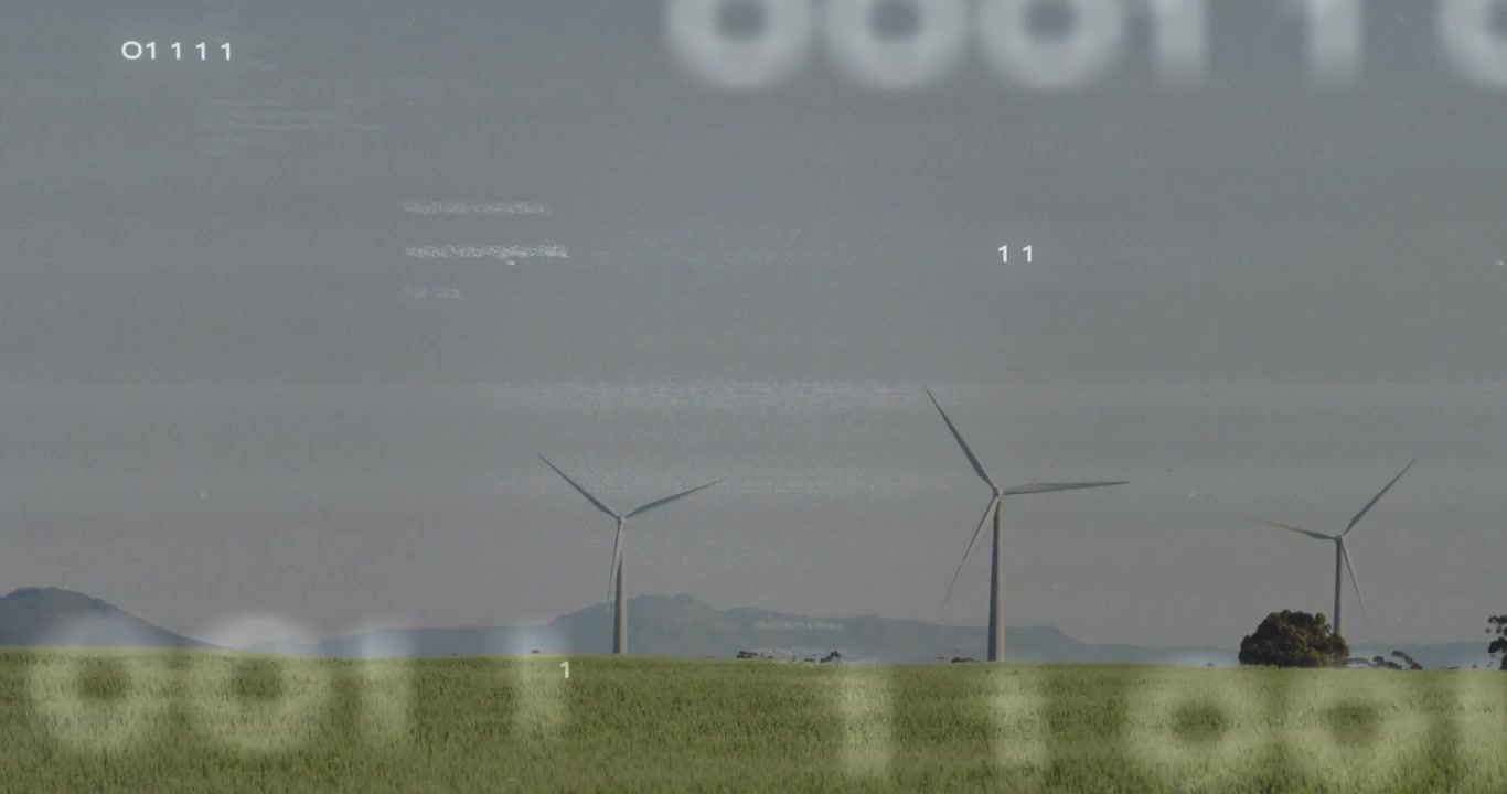 Una raffica di vento che avvia le turbine in rotazione, mentre il codice binario scorre, svanisce e visualizza il flusso di energia.