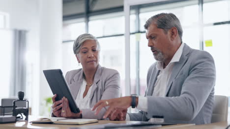 digital tablet, meeting and senior business people