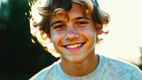 close up of a joyful young man showcasing a bright smile. happiness radiates from his cheerful expression, highlighting the beauty of youth during a golden hour outdoors