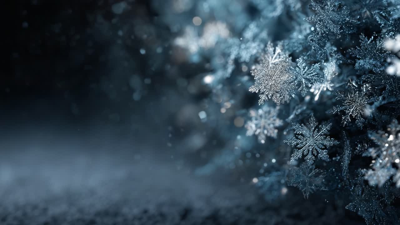 A Captivating Close-Up of Frosty Snowflakes Illuminated by Gentle Light, Creating a Magic Winter Scene with Glittering Particles and a Mysterious Atmosphere