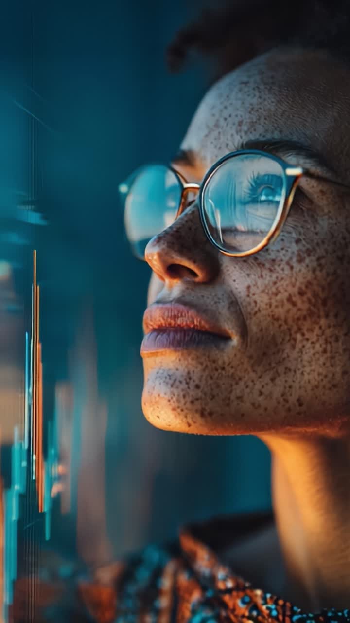 A Thoughtful Individual Analyzing Data Trends with Focused Intensity, Reflecting on the Future of Technology Through the Lens of Data Visualization and Insight