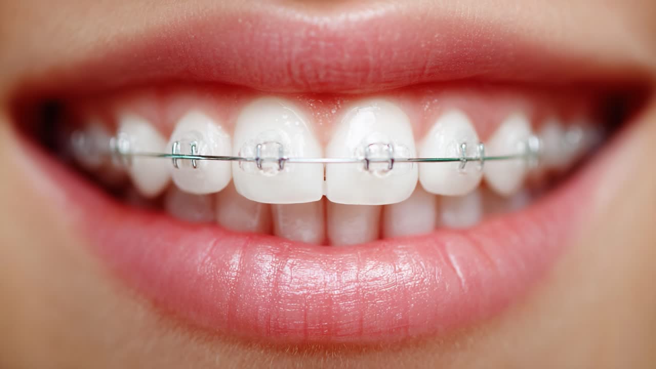 A Close-Up View of a Smile with Braces Highlighting Dental Transformation and Orthodontic Care with Clear and Bright Teeth Showing Improved Alignment and Appearance