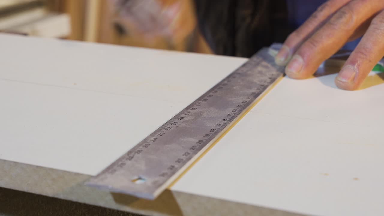 Primo piano delle mani del falegname che misurano il legno con un righello in officina