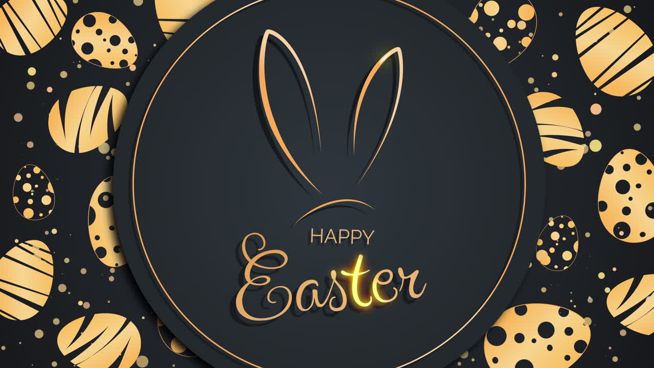 Easter bunny ears with gold text in a circle. Easter eggs with a pattern. Spring holiday screensaver. Looped video. Happy Easter.