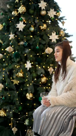 mujer sentada cerca del árbol de navidad