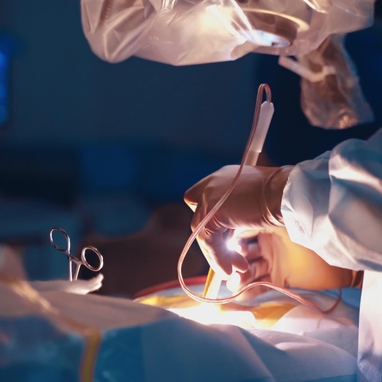 Close-up shoot of operating process in clinic. Specialists work with medical instruments during the operation in hospital. Surgery service.