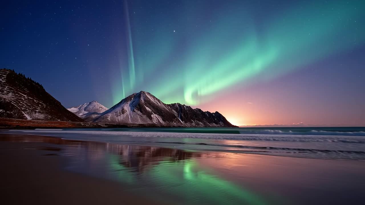 Aurora Borealis Over a Mountainous Beach
