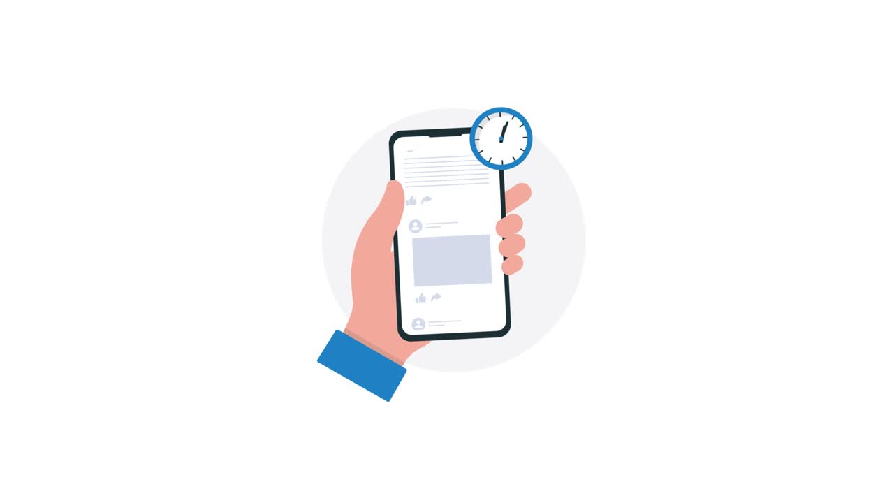 Animated Hand Holding Smartphone with Social Media Feed and Scheduling Clock