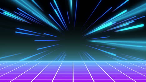 animation of strobing blue and pink neon light beams over grid on dark background