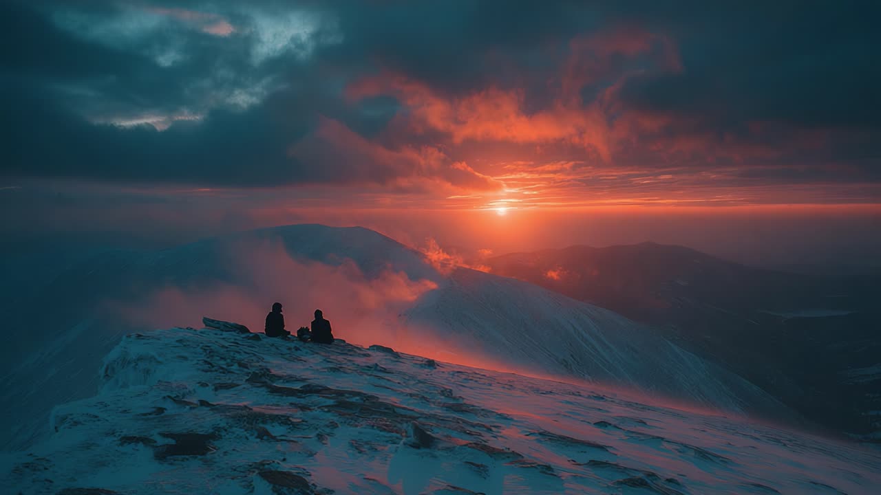 Breathtaking Scene of Two Adventurers Witnessing a Stunning Sunset Over Snow-Capped Mountains, Surrounded by Dramatic Clouds and Vibrant Colors