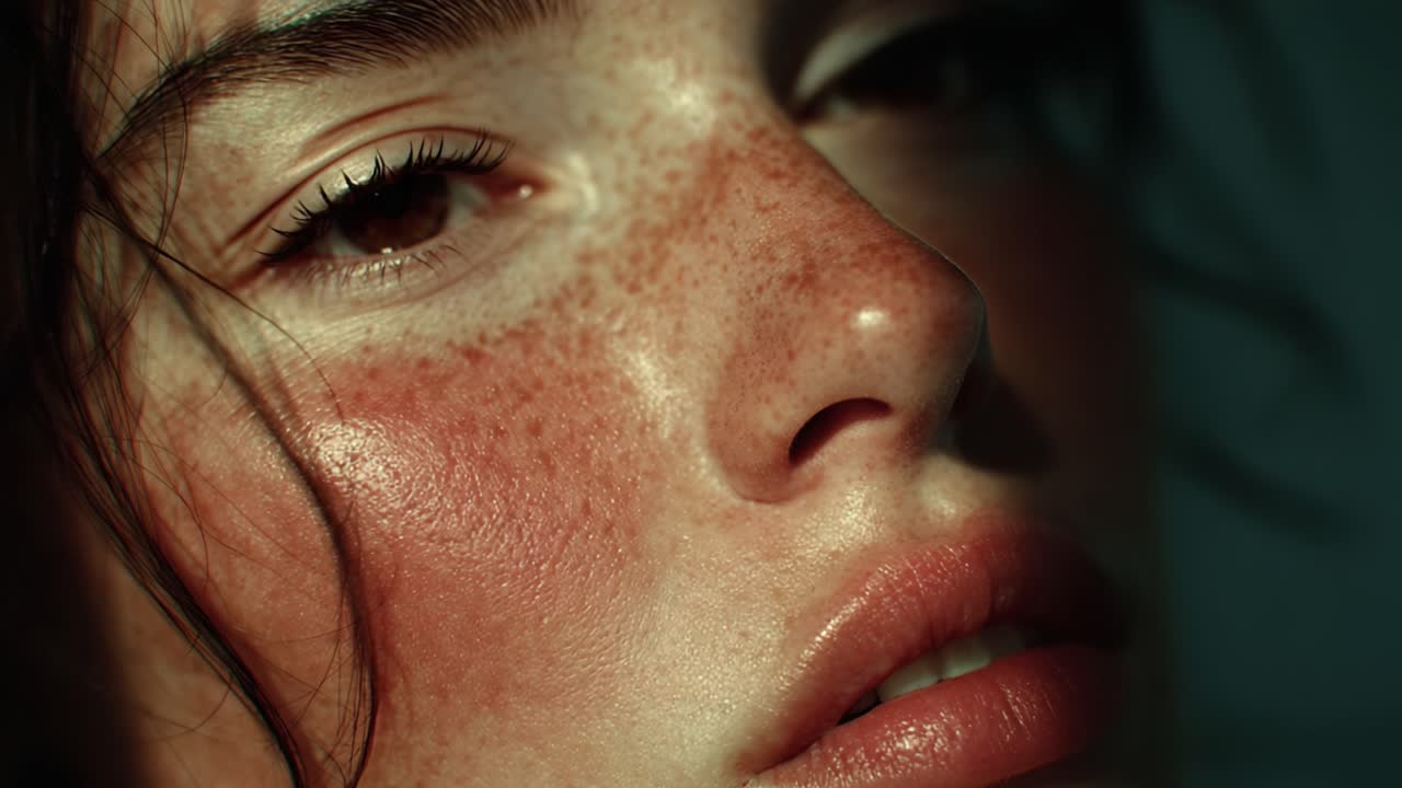 Captivating Close-Up of a Freckled Face with Emphasis on Detail and Natural Beauty in Soft Lighting