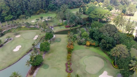 tropical golf course with water pond and palm trees, aerial fly above view