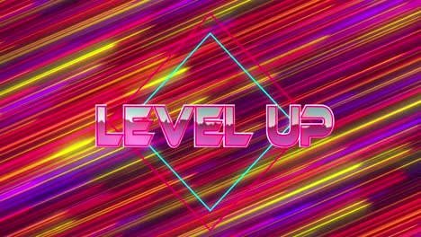 animation of level up text over rhombuses against time-lapse of multicolored lines