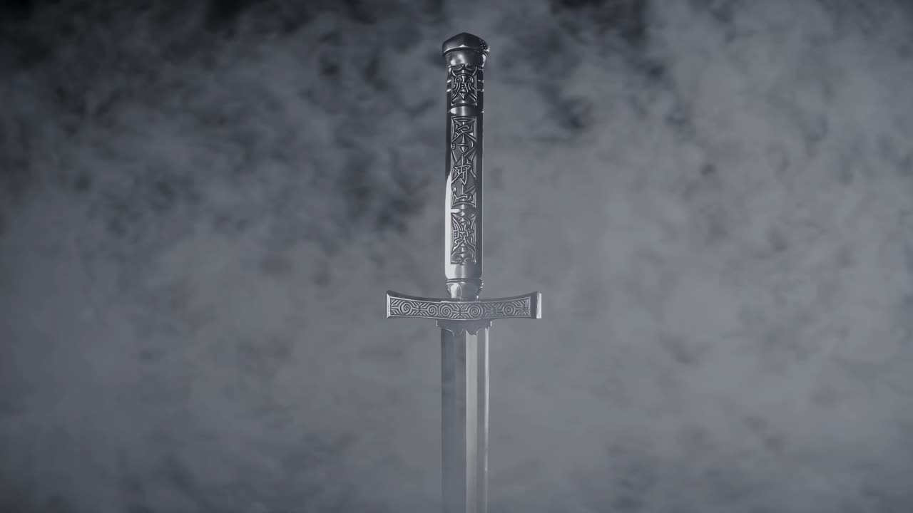 espada de plata antigua sobre un fondo de humo