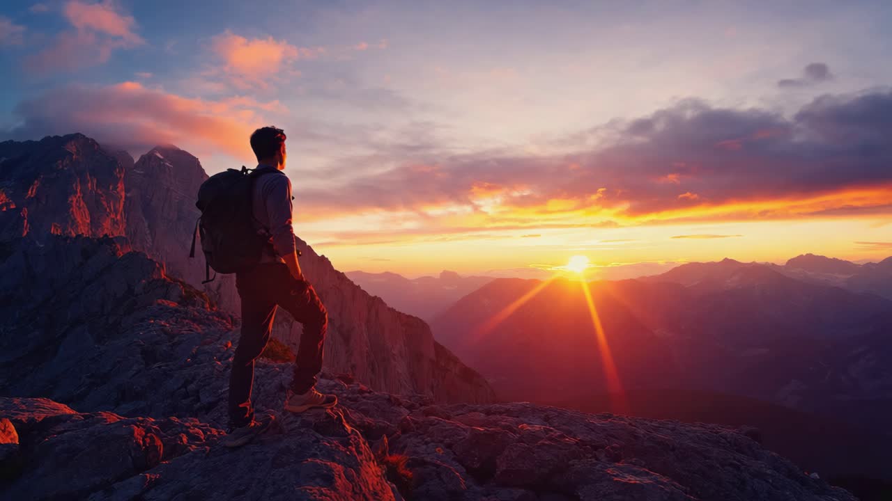 Hiker enjoying a sunset on a mountain peak