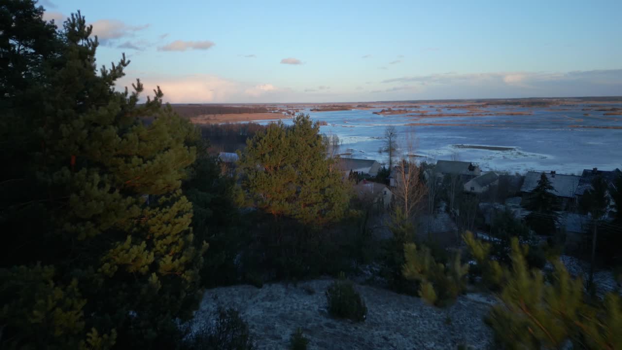 drone dolley disparado entre árboles en un bosque con el río narew de fondo durante una puesta de sol