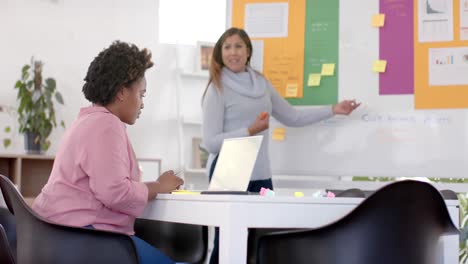 mujer de negocios caucásica feliz haciendo una presentación usando pizarra blanca en la oficina, cámara lenta