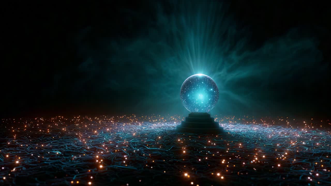 Una sfera luminosa ipnotica è appoggiata su un piedistallo in mezzo a un mare di particelle scintillanti, creando un'atmosfera mistica e incantevole piena di energia vibrante.