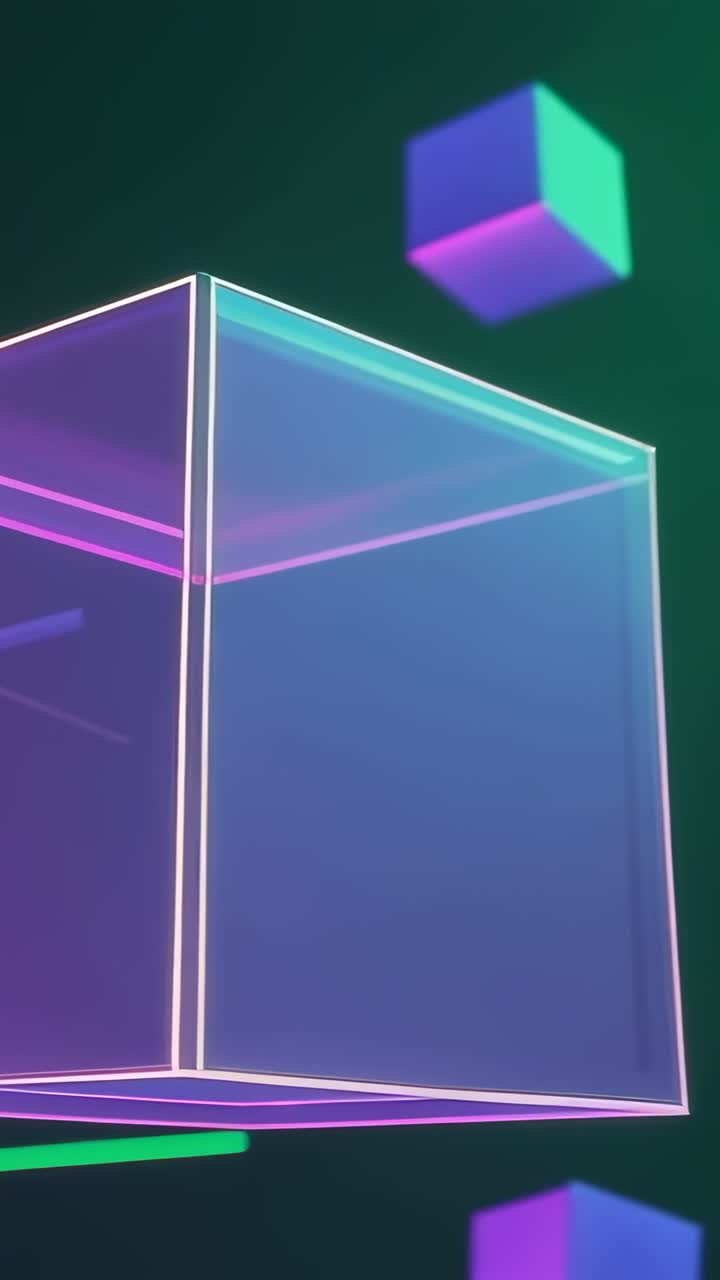Vertical video: Backdrop opening causing neon cube rotating in digital void, neon cubes drifting