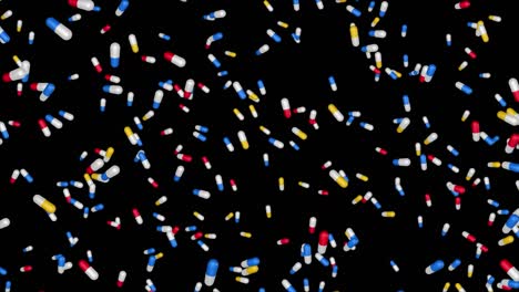 colorful capsules of medication is falling down loop 3d 4k alpha channel animation background.