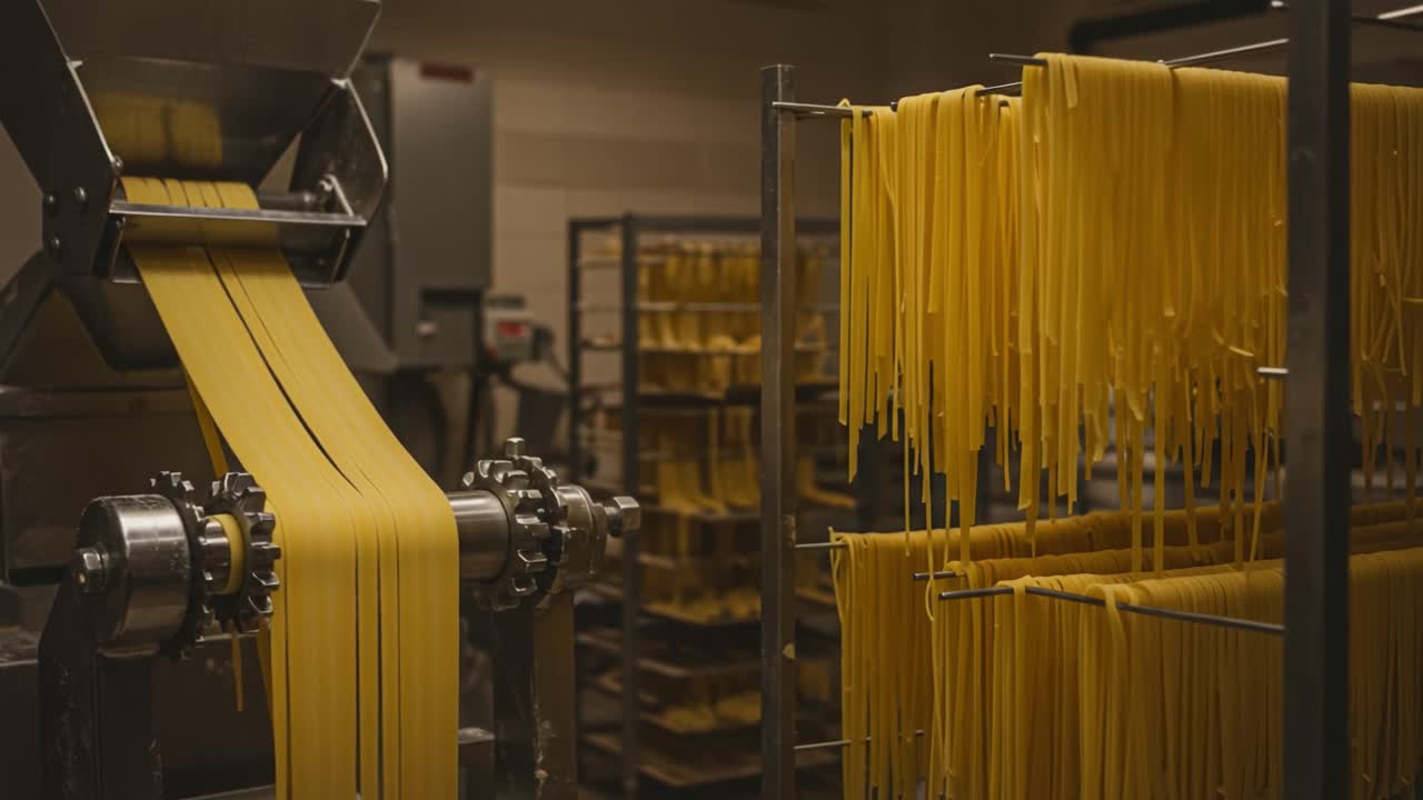 A Behind-the-Scenes Look at Fresh Pasta Production: The Journey of Golden Noodles from Machine to Drying Racks in a Culinary Setting