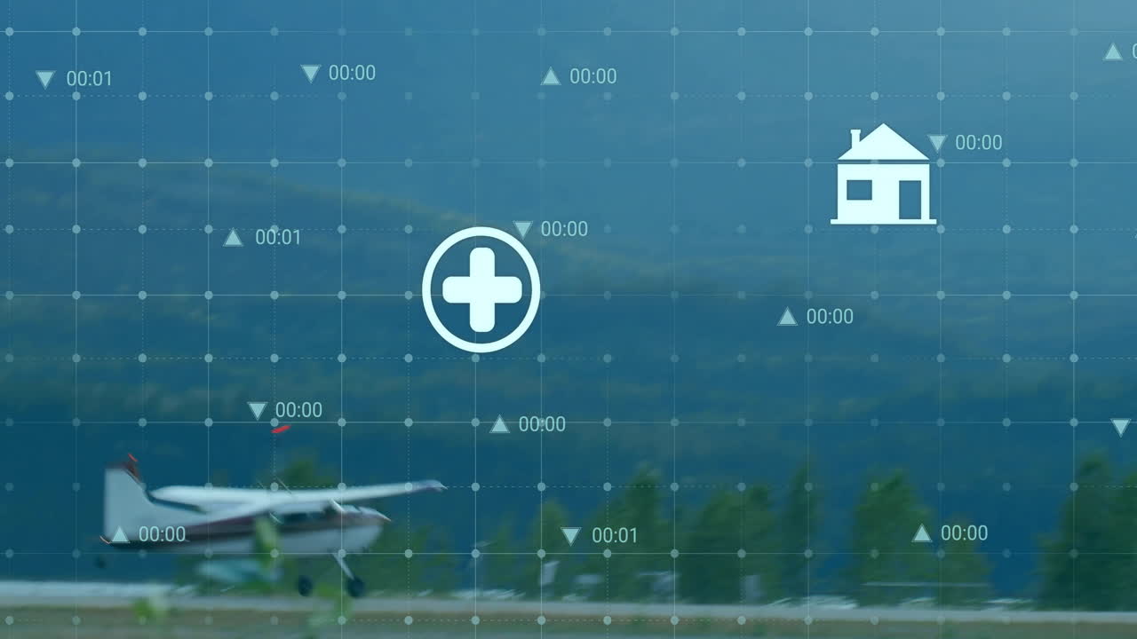 아이콘의 애니메이션과 비행기 위의 금융 데이터 처리가 활주로에 있습니다.