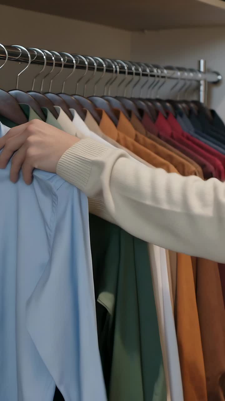 Video vertical: Mano derecha alcanzando camisa azul, manos con suéter arreglando camisas, perchas en riel