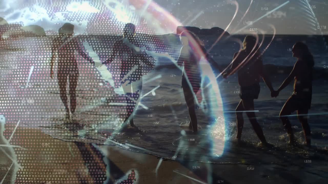 анимация светящейся глобальной сети над подругами, держащимися за руки, гуляющими по солнечному пляжу