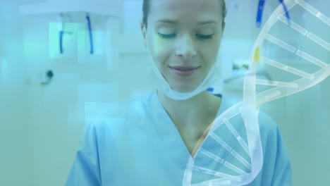 animación de la hilera de adn girando y procesamiento de datos sobre una doctora caucásica usando una tableta