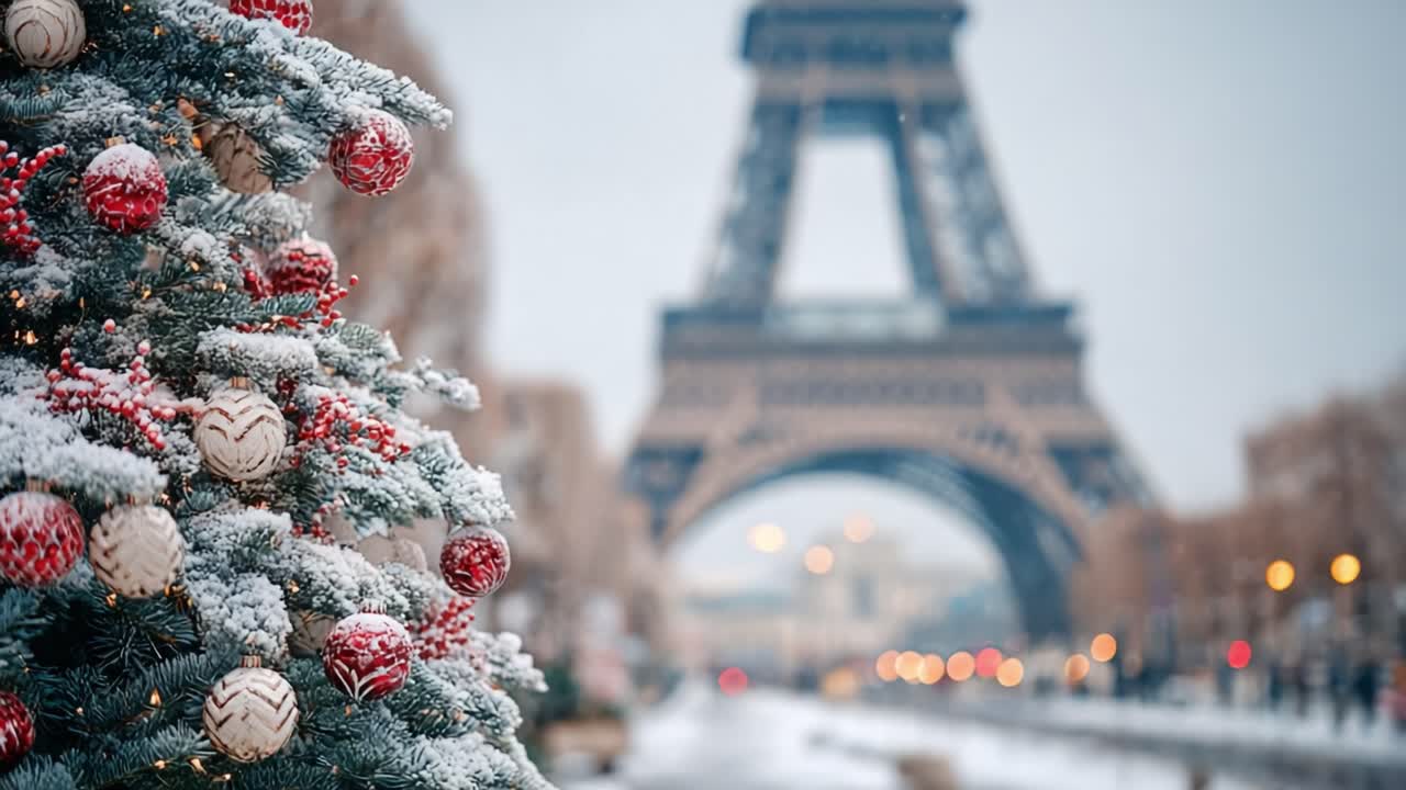 Paesaggio invernale da favola: un albero di Natale splendidamente decorato in primo piano con l'iconica Torre Eiffel sullo sfondo, per catturare lo spirito delle feste