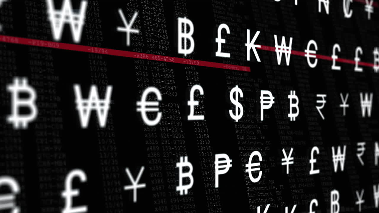 Animation of currency symbols over data processing on black background