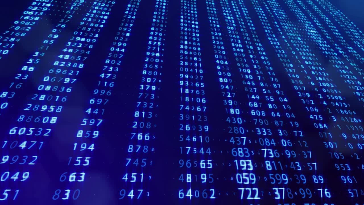 3d loop background, concept of digital data processing, calculation and visualization of computation. Counters of numbers in rows of lines on plane. Blue digital information bg with numbers. Sci-fi bg.