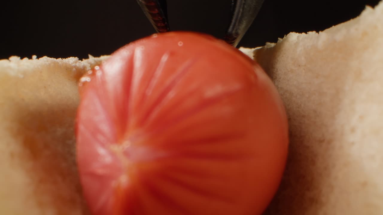 부분에 토마토가 있는 핫도그의 클로즈업