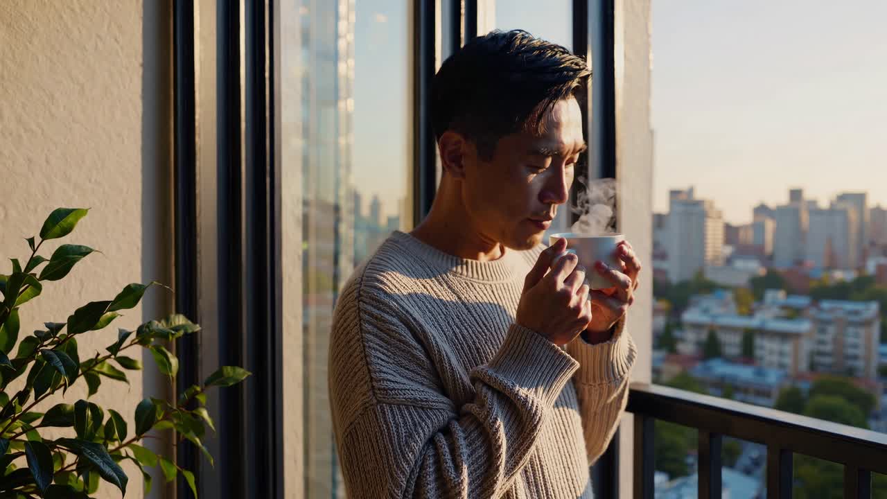 A man enjoys a steaming cup of coffee on a balcony, captured in a warm, side-angle shot