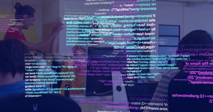 Woman in red leaning, pointing at monitor in open office, team reviewing tech, code overlay moving