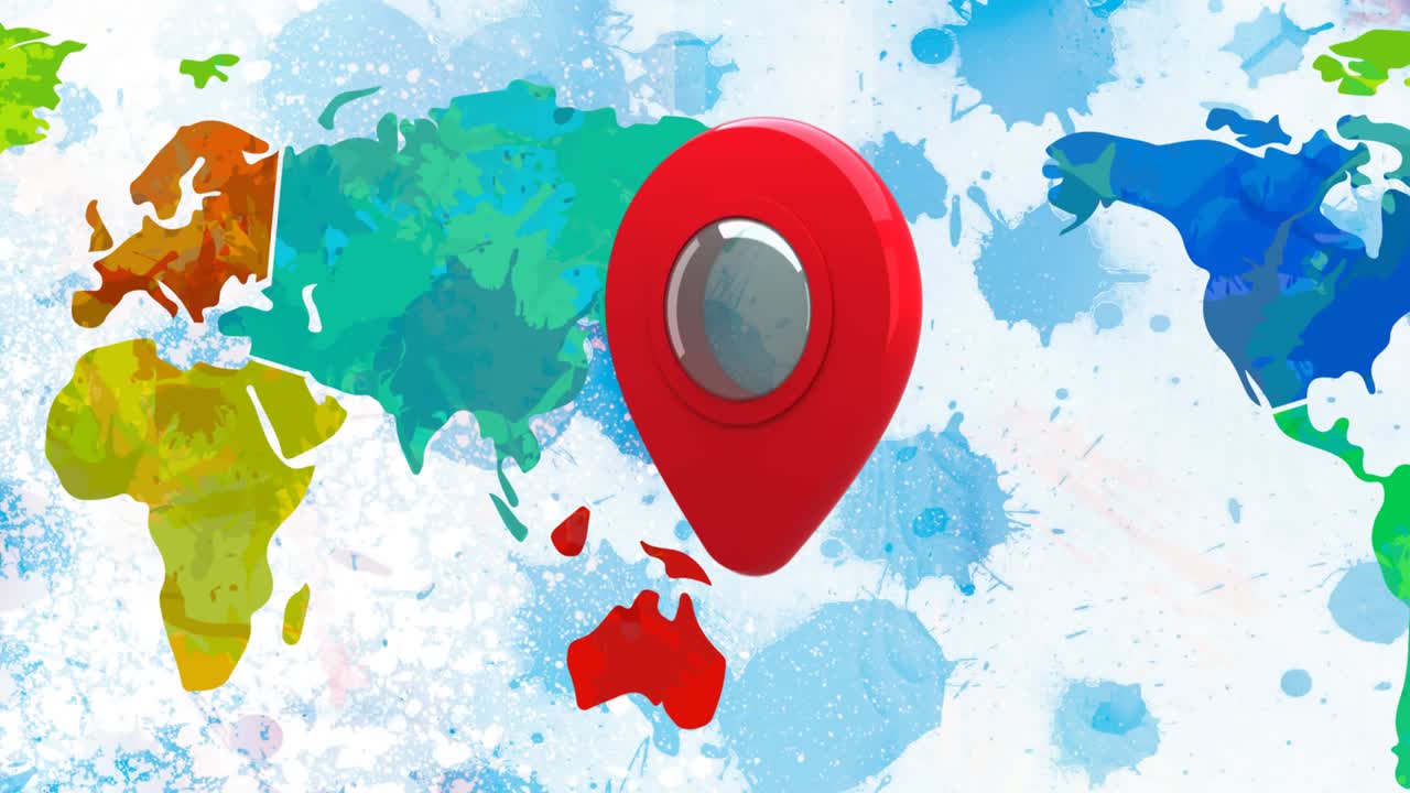 animación del pin de ubicación rojo rebotando sobre el mapa del mundo