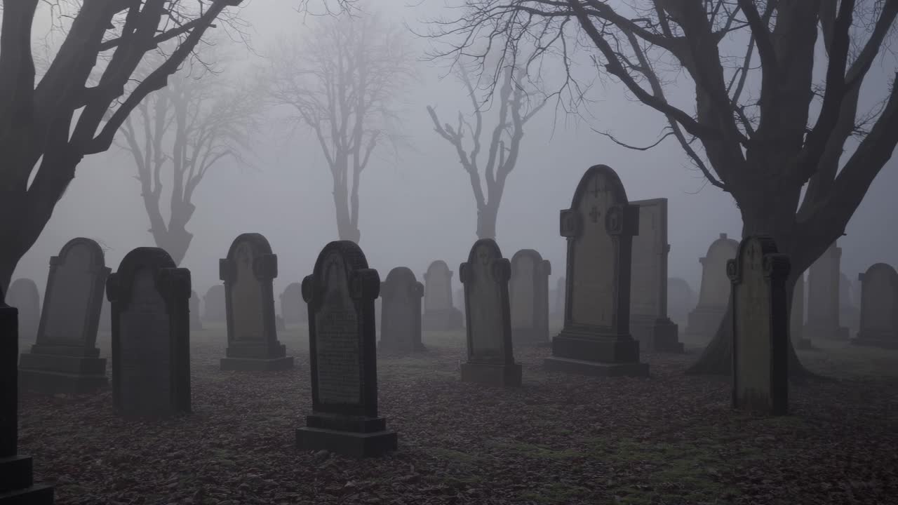 Eerie video scene of a foggy graveyard at dawn, captured from a low angle