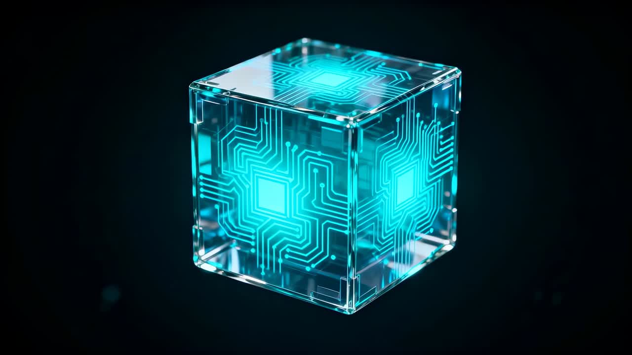Rotating glass cube showing circuits in studio while camera pulling closer, highlighting cyan core