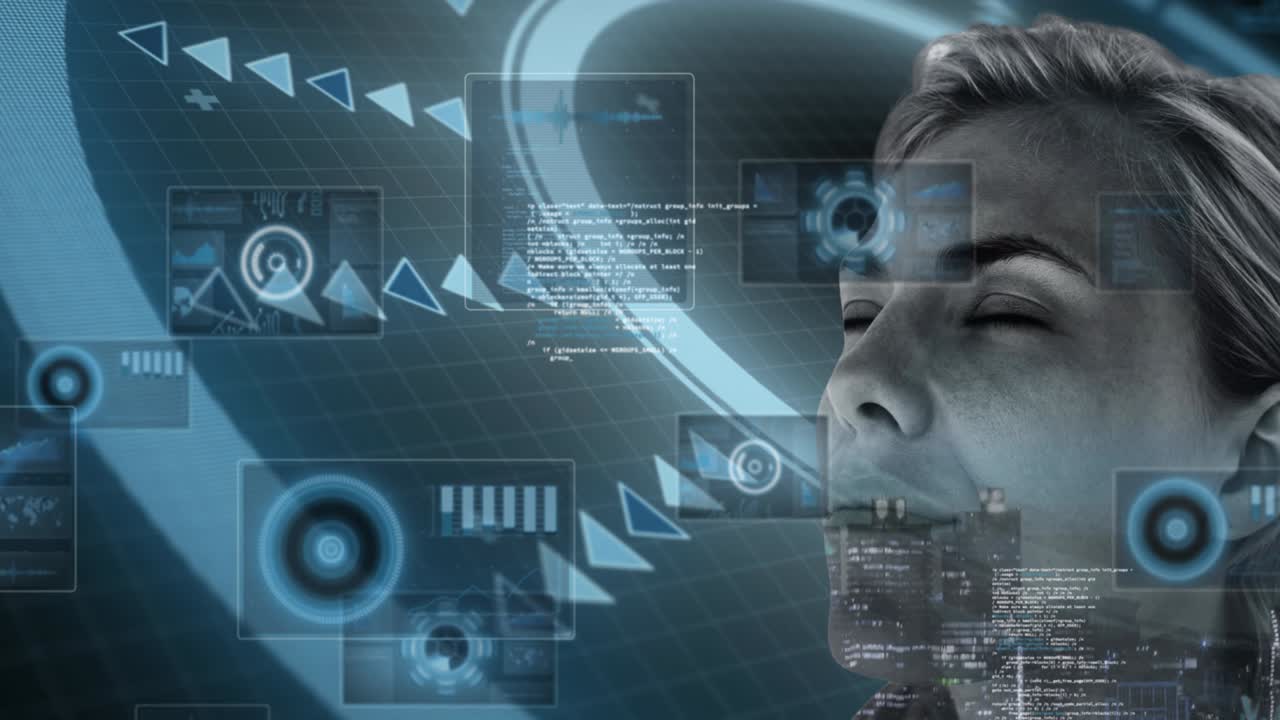 Animation of digital interface with data processing over woman's face