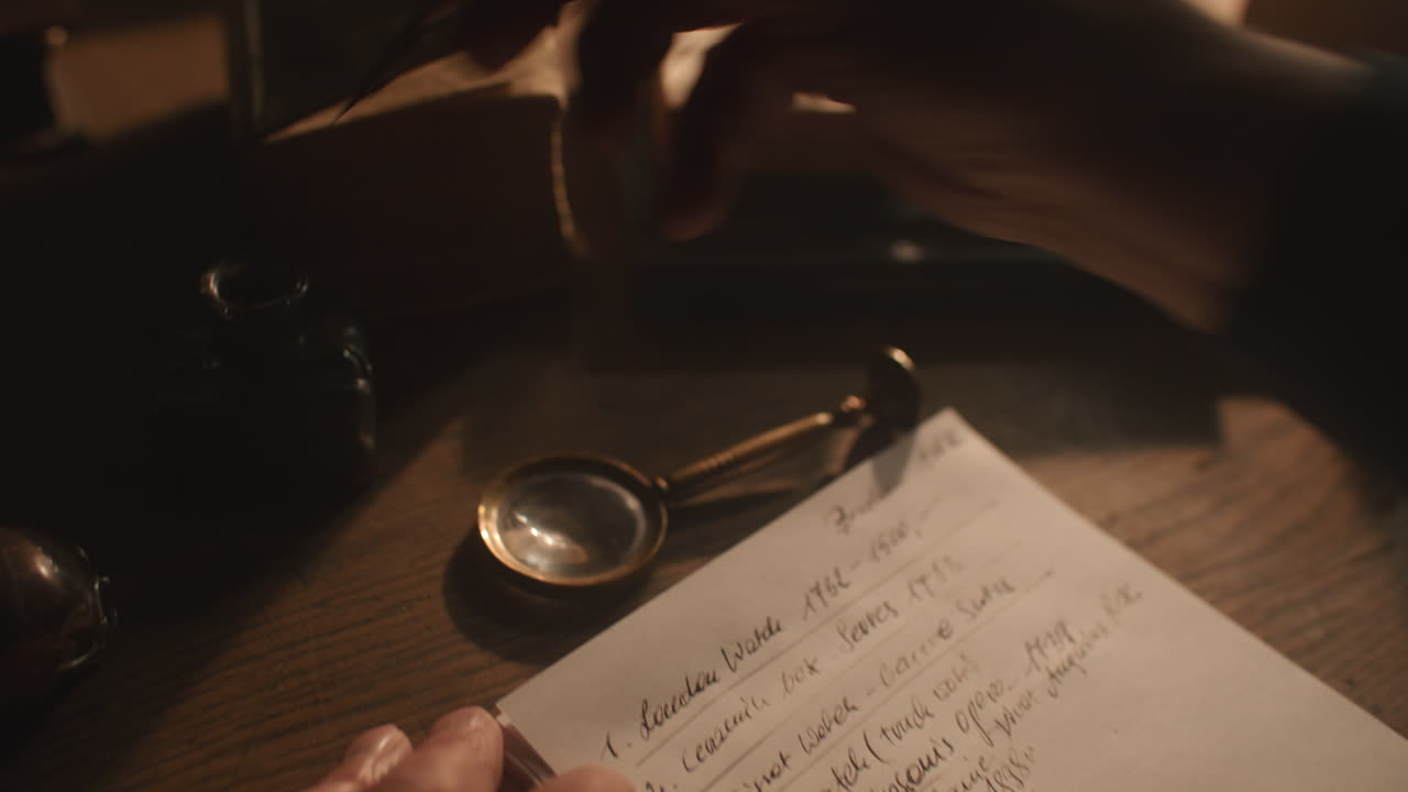 Old passionate man writes a letter in his office at night