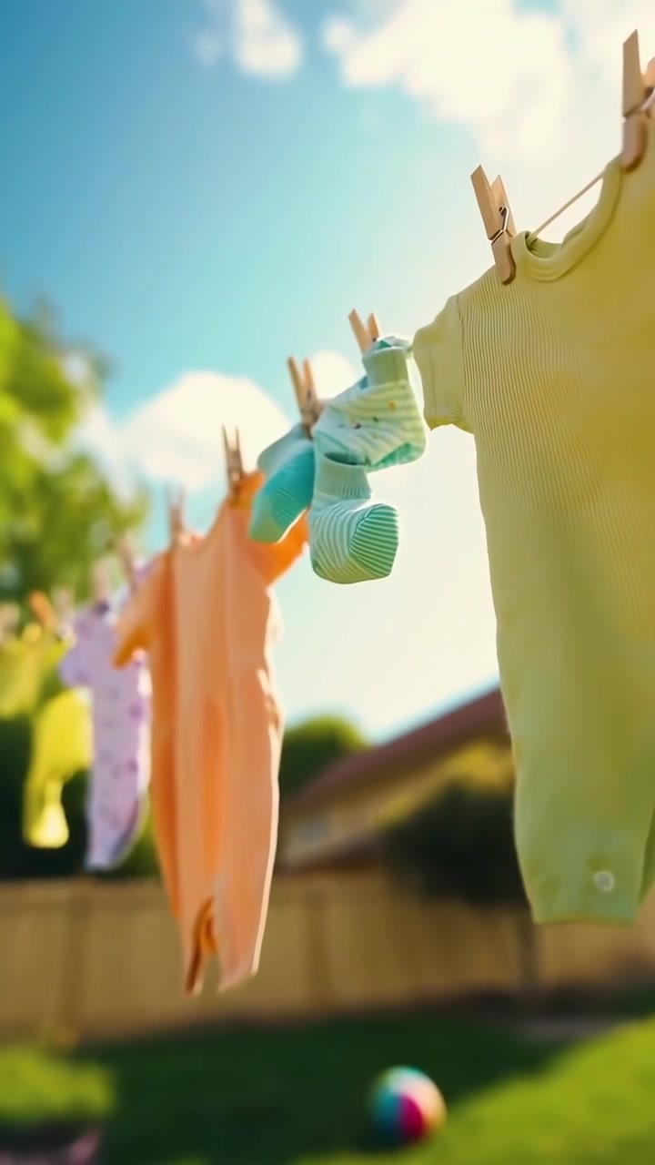 Vestiti Colorati per Neonati Appesi a uno Stendibiancheria in una Giornata di Sole