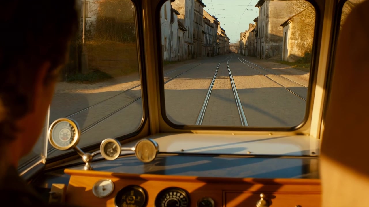 La cámara mira a través de las ventanas delanteras mientras el tranvía avanza constantemente a lo largo de rieles incrustados, pasando fachadas iluminadas por el sol y sombras al borde de la carretera, mientras los instrumentos redondos del salpicadero permanecen en primer plano.