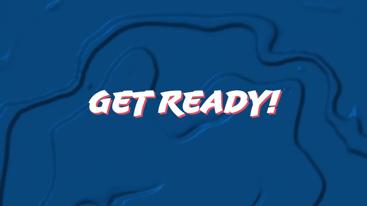 Animation of white words Get Ready over blue, liquid background