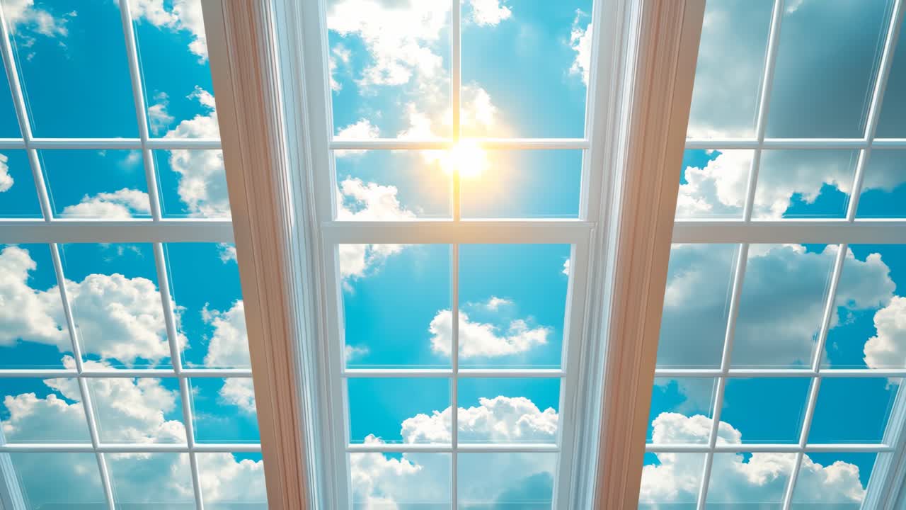 Bright sky viewed through glass ceiling. Sunlight streams through a glass ceiling, illuminating a bright blue sky scattered with fluffy clouds.