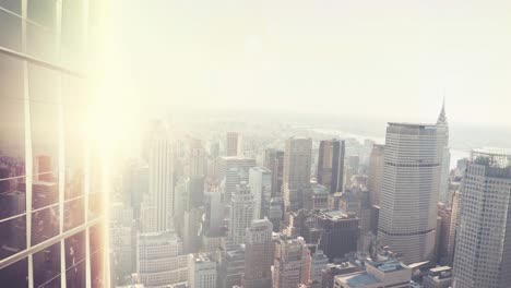 cityscape with modern buildings and sun reflected on window and clear sky