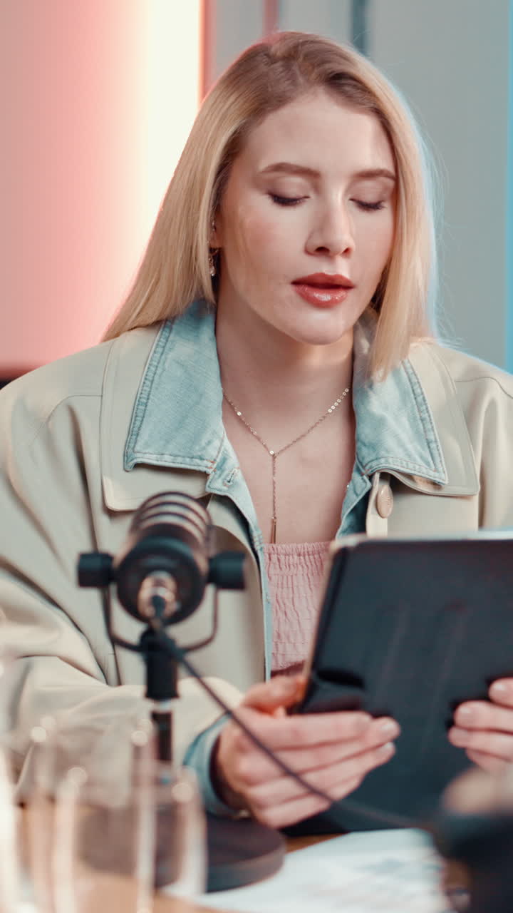 Donna che presenta un podcast usando un tablet