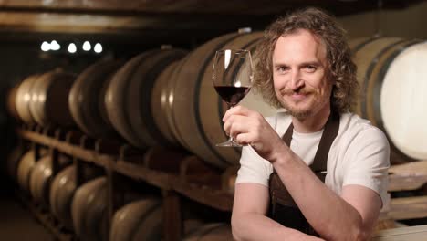 adult man winemaker at winery checking glass looking quality while standing between the barrels in the cellar controlling wine making process - real people traditional and industry wine making concept