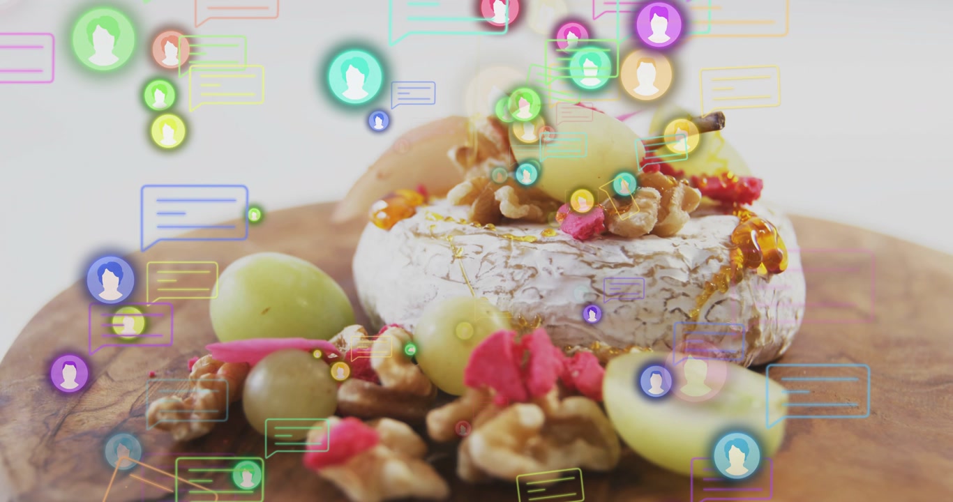 On start avatar icons appearing and floating over cheese wheel while honey dripping for engagement