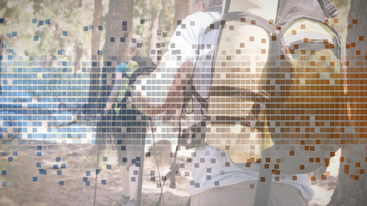Two hikers walking through pine forest trail, displaying travel app route map and distance graph