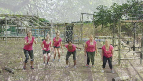 Exercising outdoors, women in pink shirts with animation of trees in background